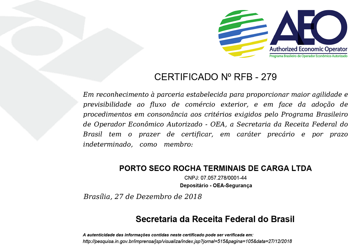 Rocha - Certificado AEO - Porto Seco